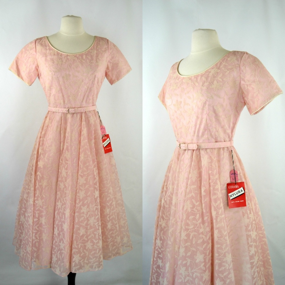 1950s NOS Pink Sheer Embroidered Overlay Dress